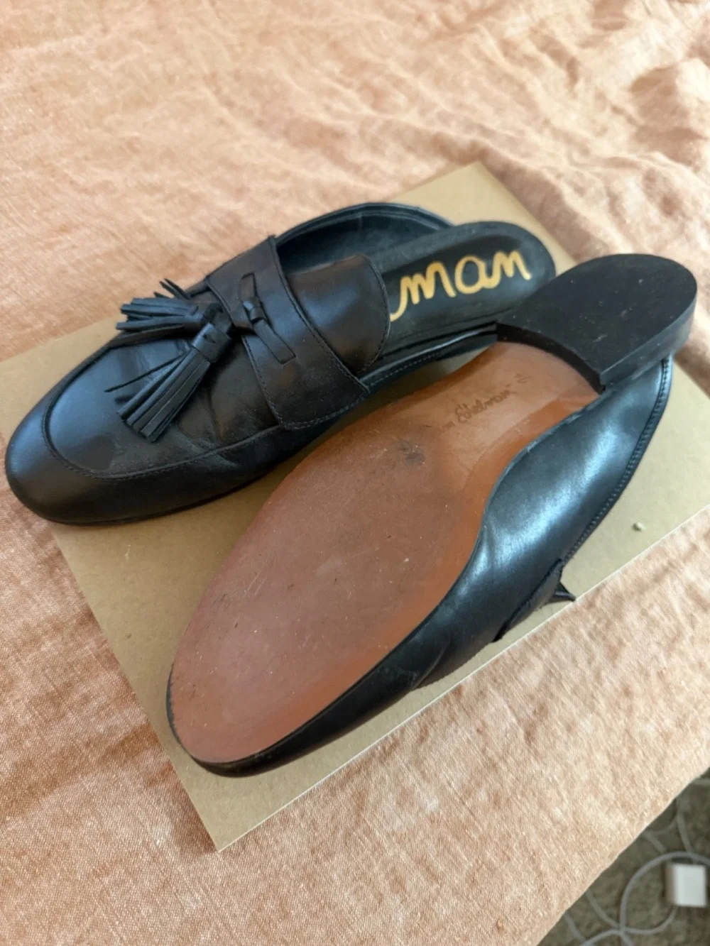 Sam Edelman Paris Black Leather Tassel Almond Toe Mules - Size 7.5
